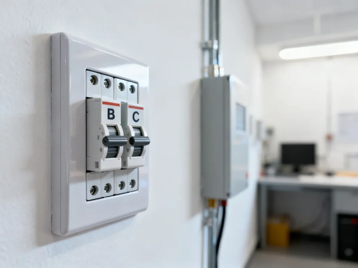 Nowoczesna rozdzielnica elektryczna z widocznymi wyłącznikami nadprądowymi typu B oraz C zamontowana na białej ścianie.