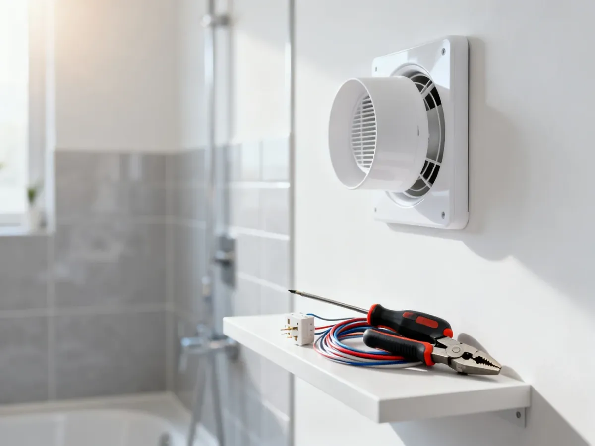 Nowoczesny wentylator łazienkowy oraz zestaw narzędzi elektrycznych przygotowanych do montażu na ścianie.