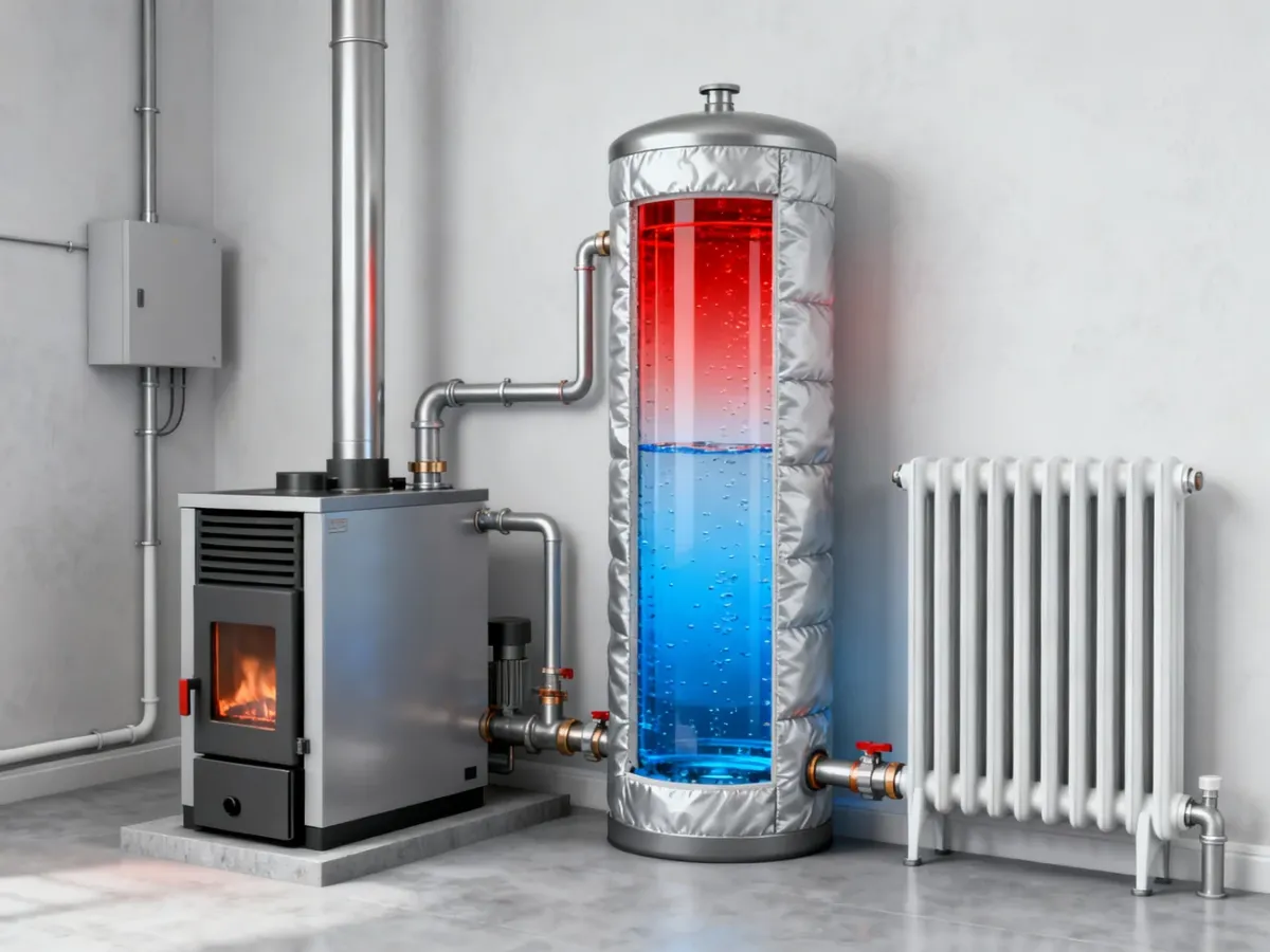 Schemat instalacji centralnego ogrzewania z kotłem, buforem ciepła i warstwami temperatury