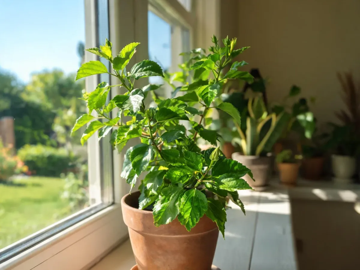 Zdrowy hibiskus w doniczce na jasnym parapecie z bujnymi liśćmi, ale bez kwiatów, na tle słonecznego, przytulnego wnętrza.