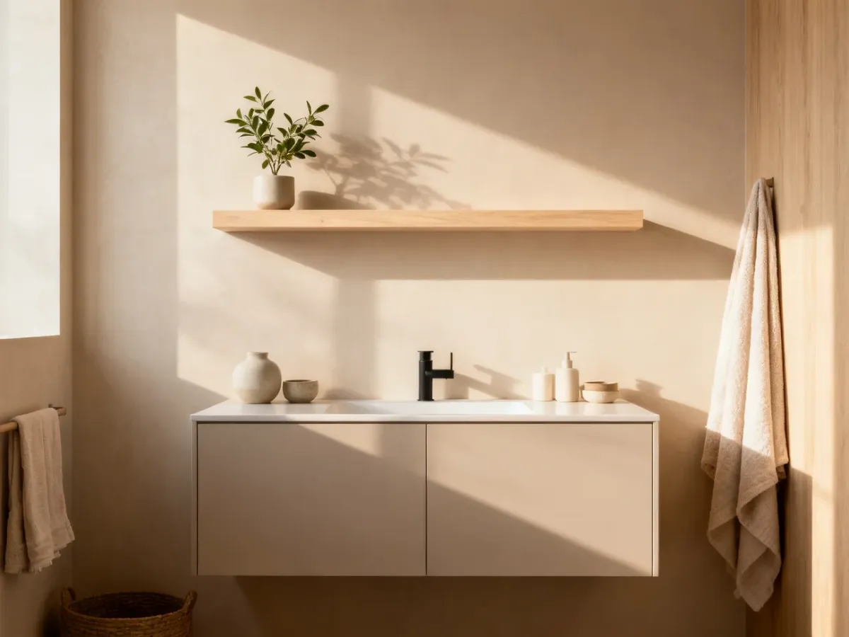 Przytulna łazienka warm minimalism z drewnianą półką