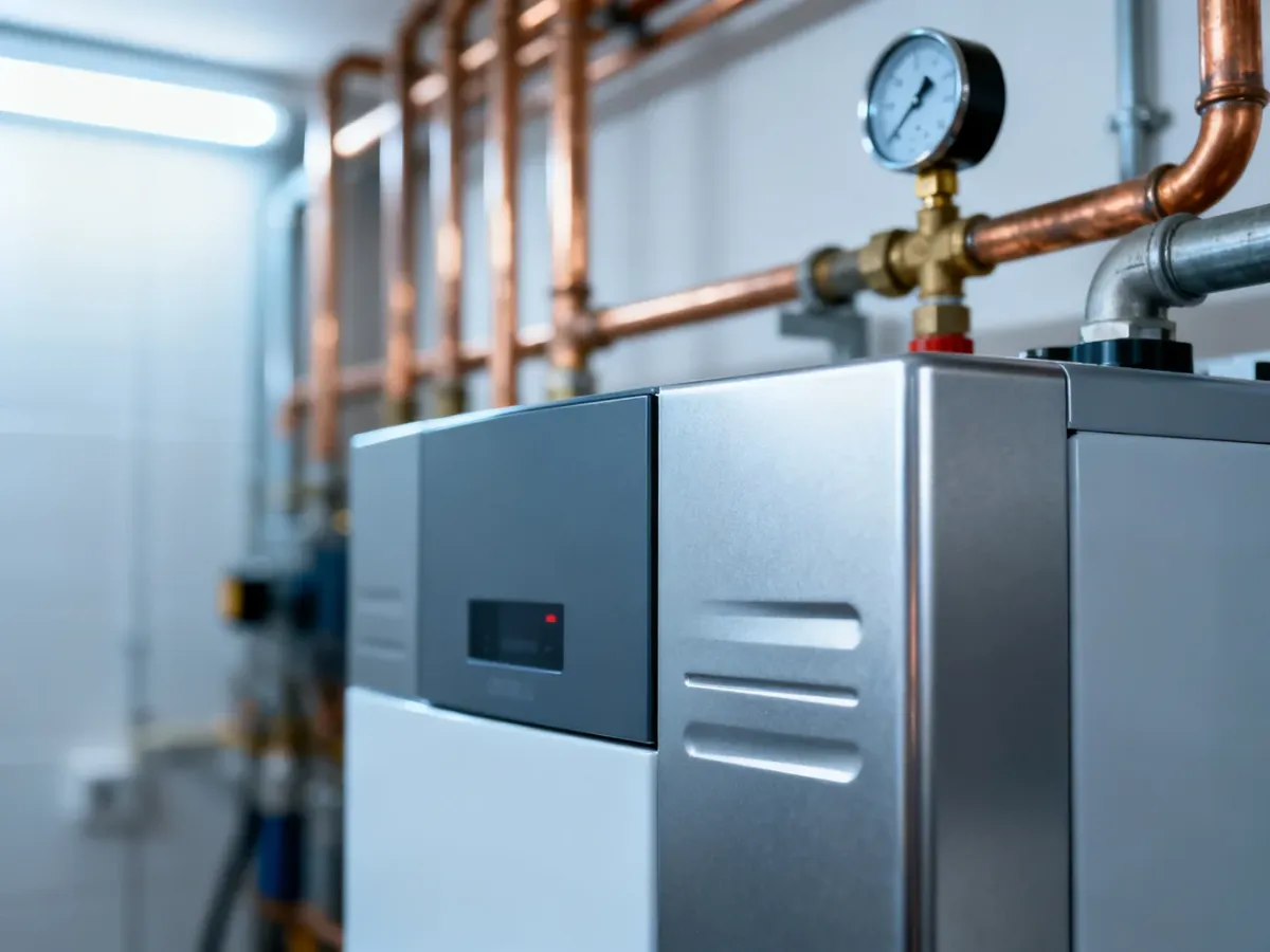 Nowoczesny kocioł centralnego ogrzewania Ogniwo w profesjonalnej kotłowni z widoczną instalacją hydrauliczną.