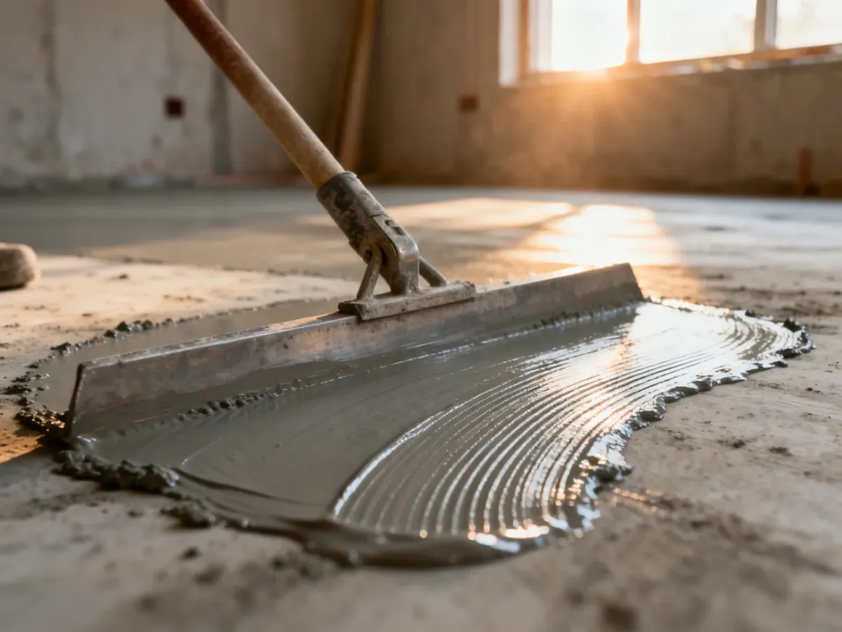Profesjonalista rozprowadza metalową pacą płynną wylewkę samopoziomującą na betonowej podłodze.