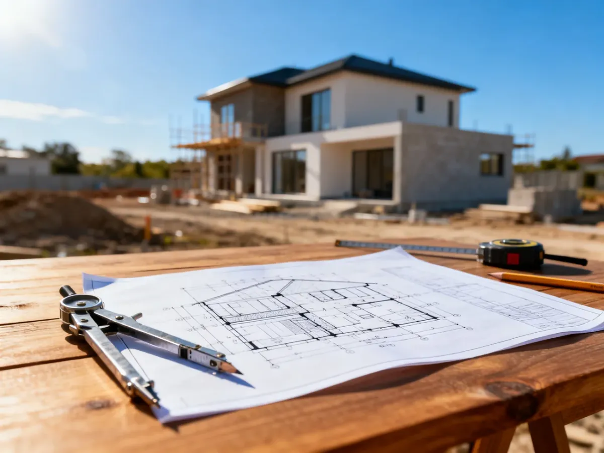 Projekt architektoniczny nowoczesnego domu na drewnianym stole w otoczeniu narzędzi budowlanych.