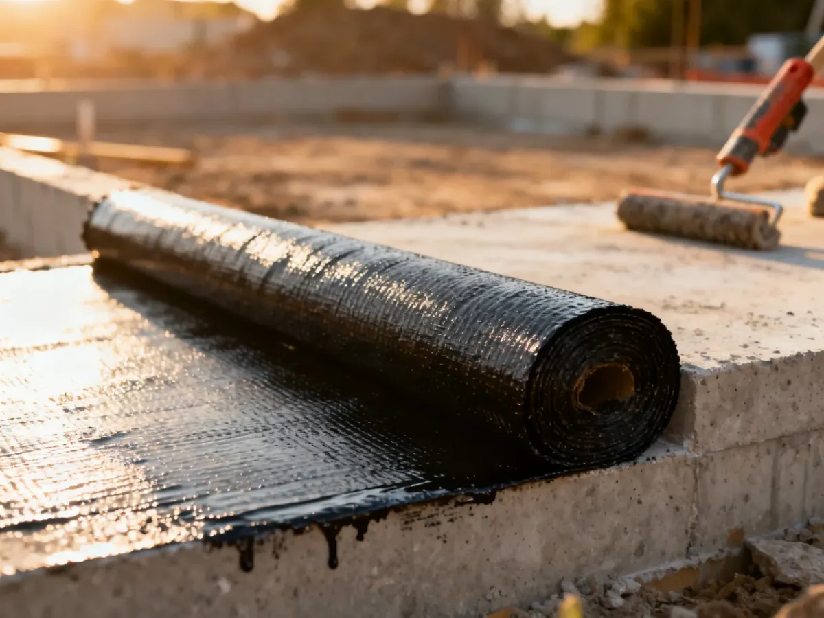 Nakładanie czarnej membrany bitumicznej na fundament betonowy w celu zapewnienia hydroizolacji budynku.