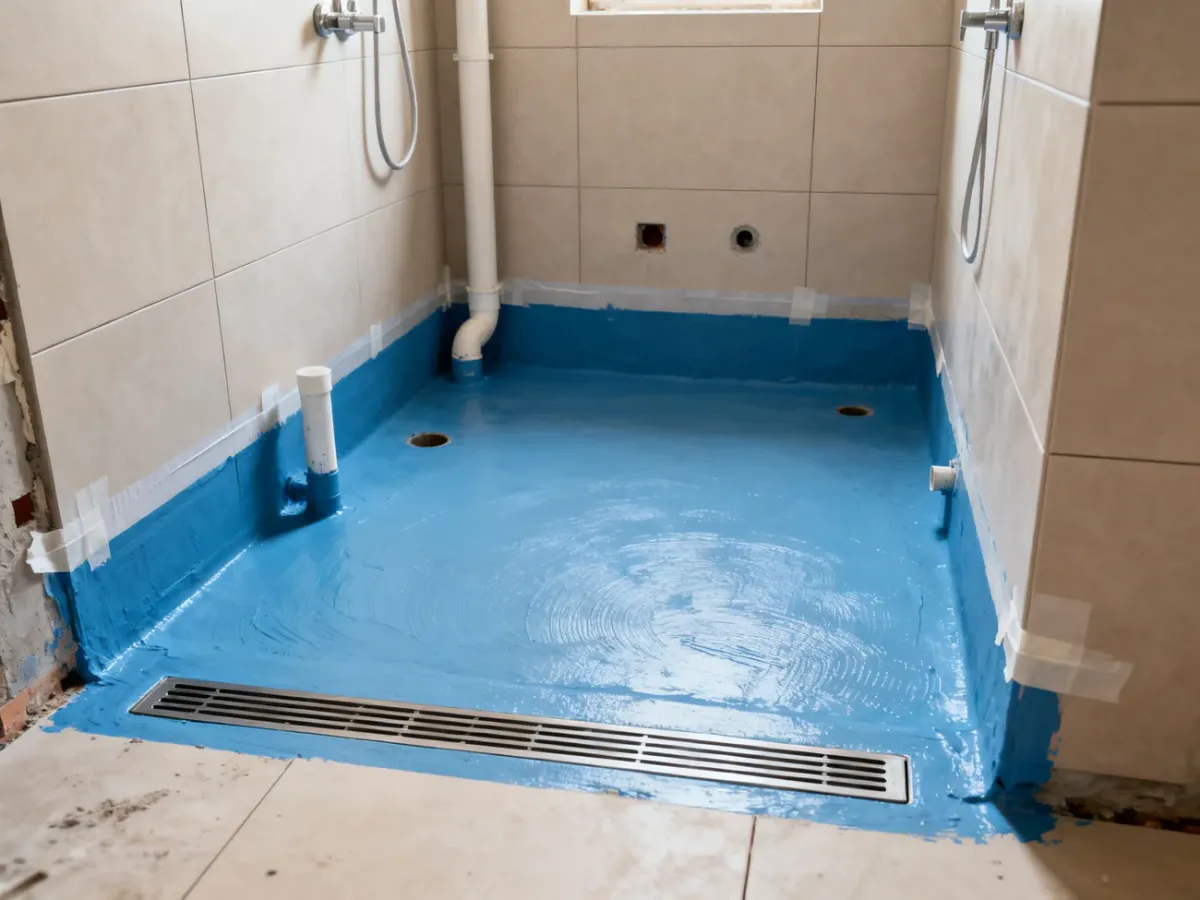 Łazienka z widoczną hydroizolacją pod płytki, uszczelnionymi narożnikami i odpływem liniowym
