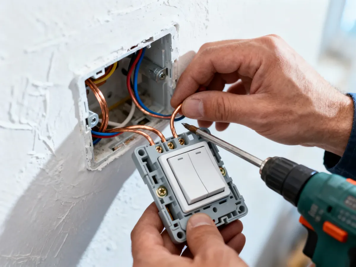 Dłonie elektryka montujące mechanizm włącznika światła w puszce instalacyjnej z widocznymi przewodami.