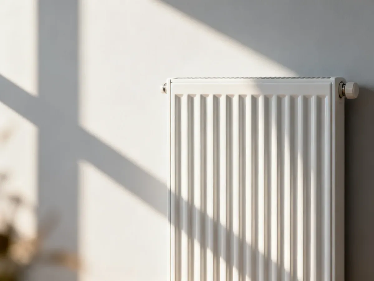 Nowoczesny biały grzejnik aluminiowy zamontowany na jasnej ścianie w minimalistycznym wnętrzu.
