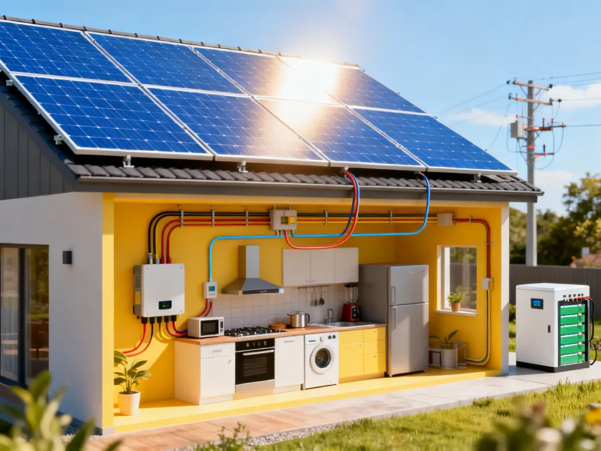 Schemat działania domowej instalacji fotowoltaicznej od paneli przez falownik do urządzeń i magazynu energii