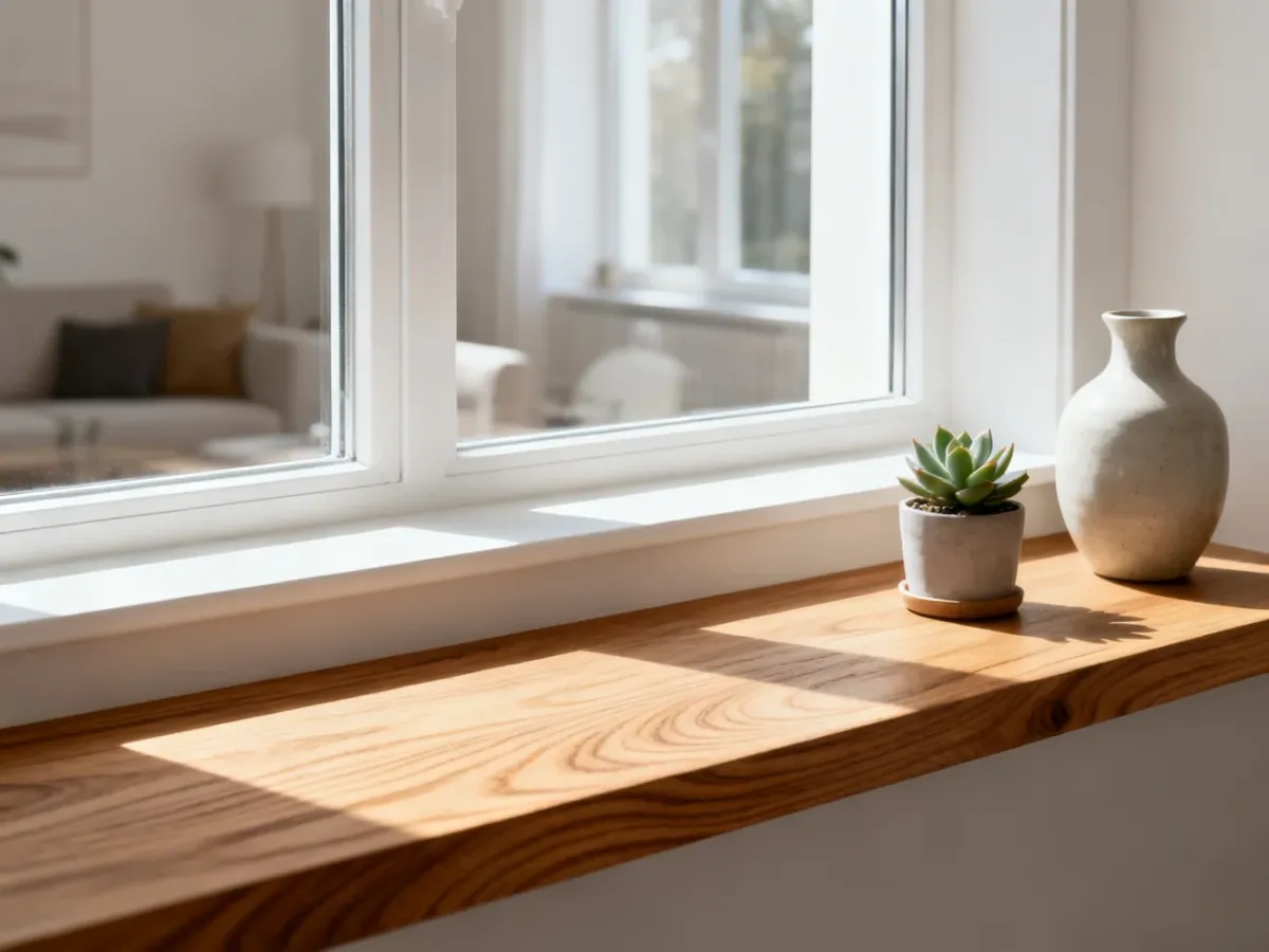 Drewniany parapet przy białym oknie w jasnym, minimalistycznym salonie z roślinami w doniczkach.
