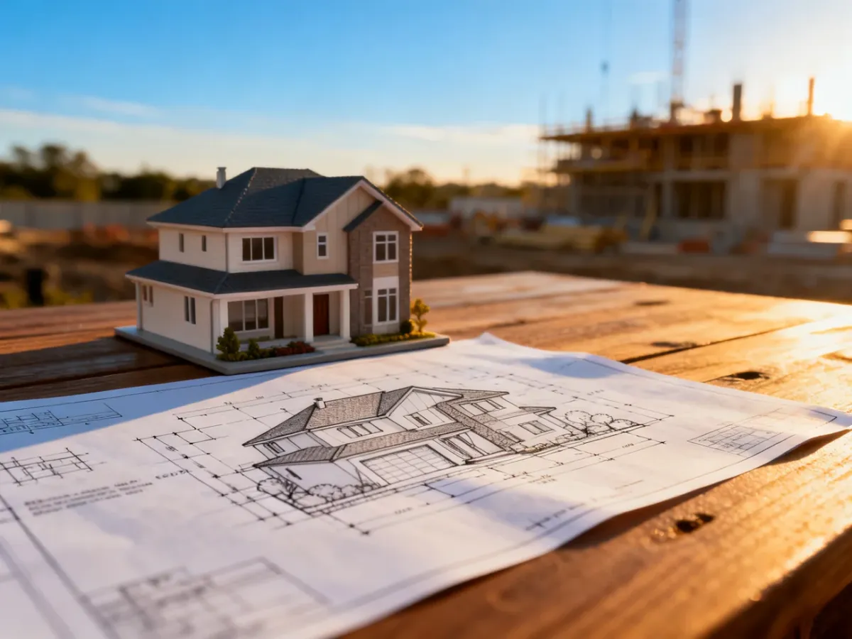 Projekt architektoniczny nowoczesnego domu wraz z makietą budynku na tle placu budowy w świetle zachodzącego słońca.