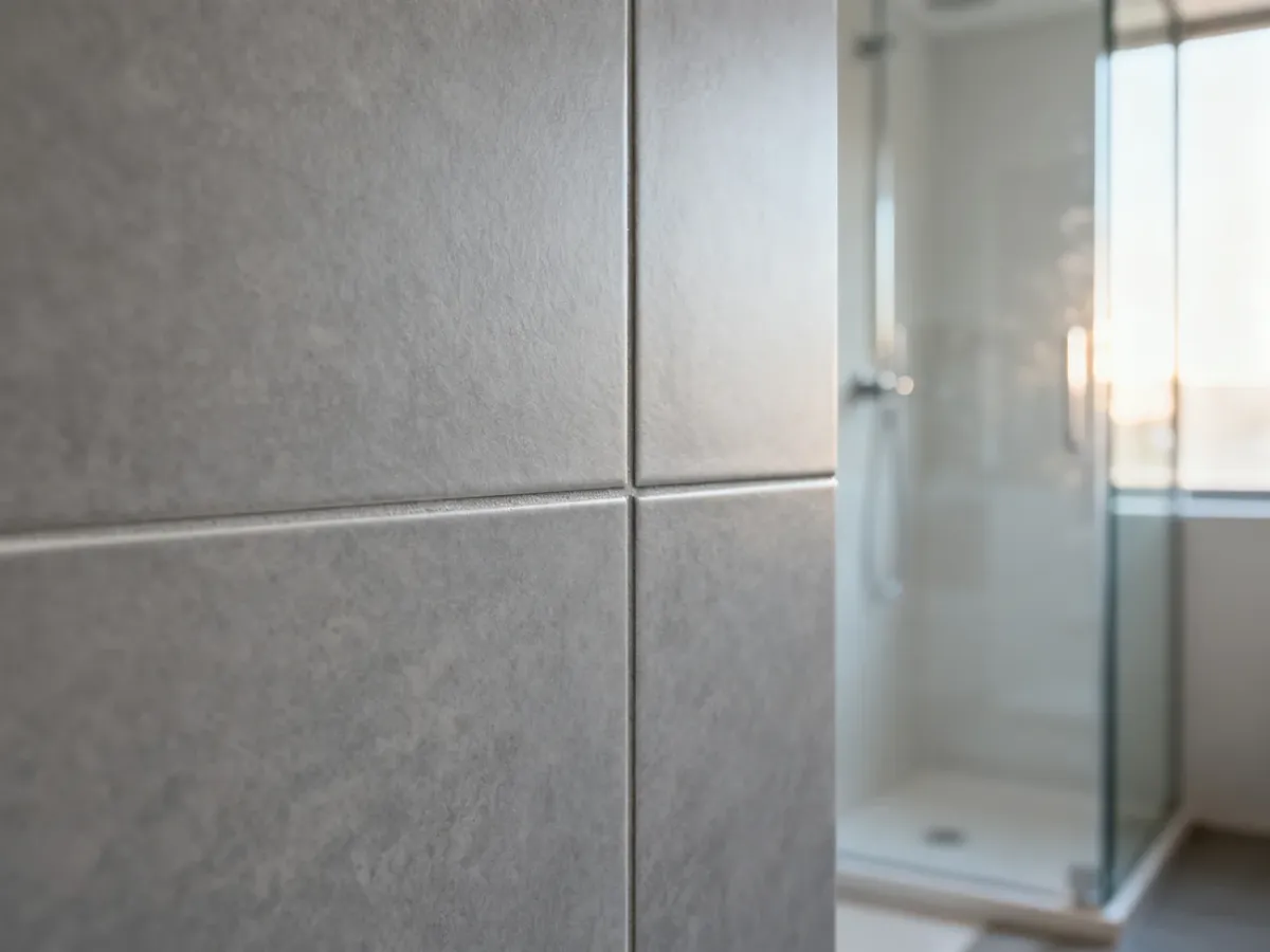 Zbliżenie na precyzyjną fugę między szarymi płytkami ceramicznymi w nowoczesnej łazience.