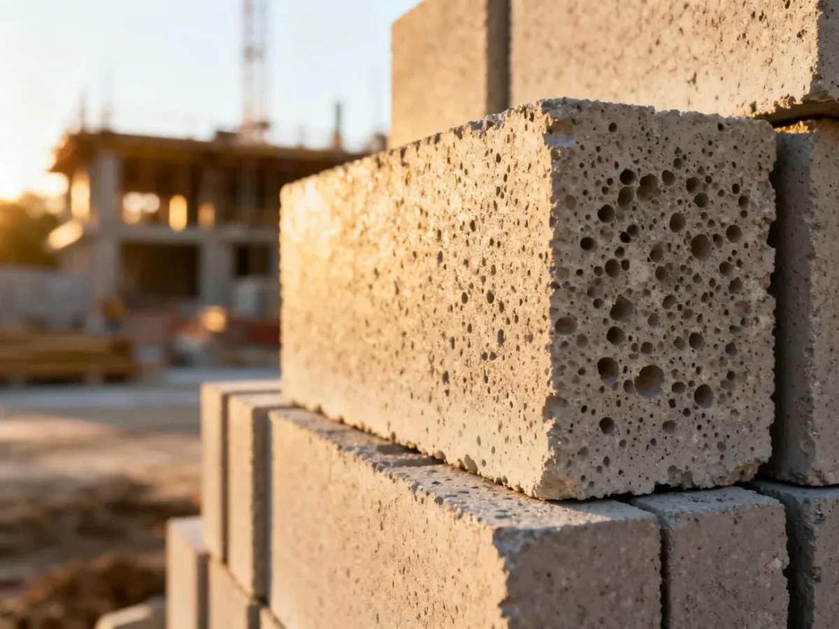 Stos bloczków z betonu komórkowego o porowatej strukturze na placu budowy w promieniach porannego słońca.
