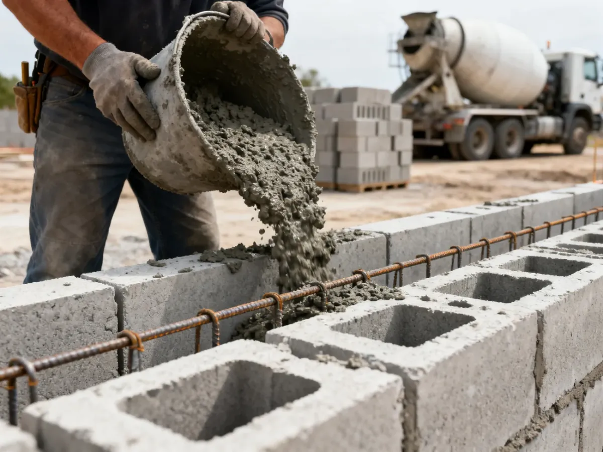 Beton wlewany do pustaków szalunkowych na placu budowy