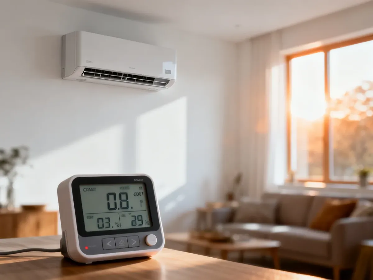 Nowoczesna pompa ciepła na ścianie oraz monitor zużycia energii, symbolizujące efektywne i tanie ogrzewanie domu.