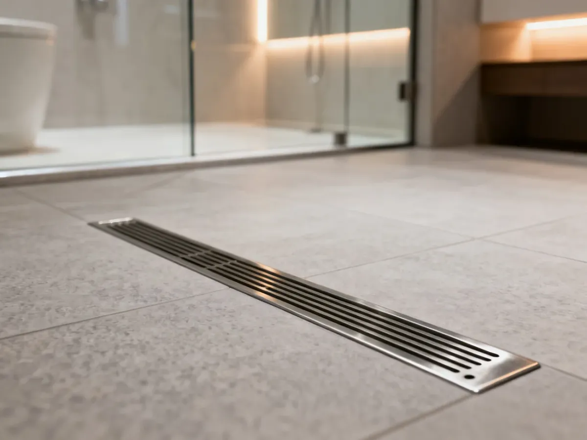 Nowoczesna łazienka z minimalistycznym odpływem liniowym wbudowanym w jasne płytki podłogowe oraz strefą prysznica typu walk-in.