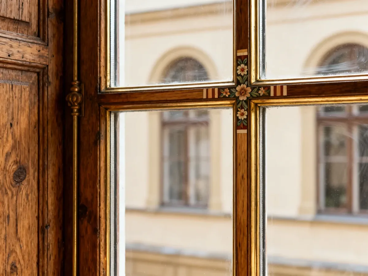 Zbliżenie okna z różnymi rodzajami szprosów na tle klasycznej elewacji