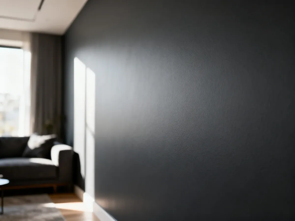 Nowoczesny salon z matową, grafitową ścianą, która nie odbija światła, prezentując efekt głębokiego koloru bez odblasków.