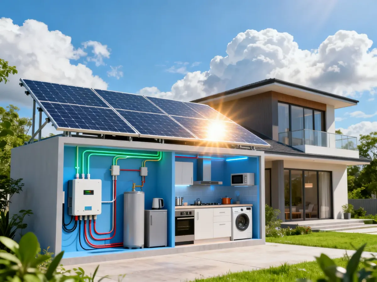 Schemat działania domowej instalacji fotowoltaicznej od paneli do urządzeń elektrycznych