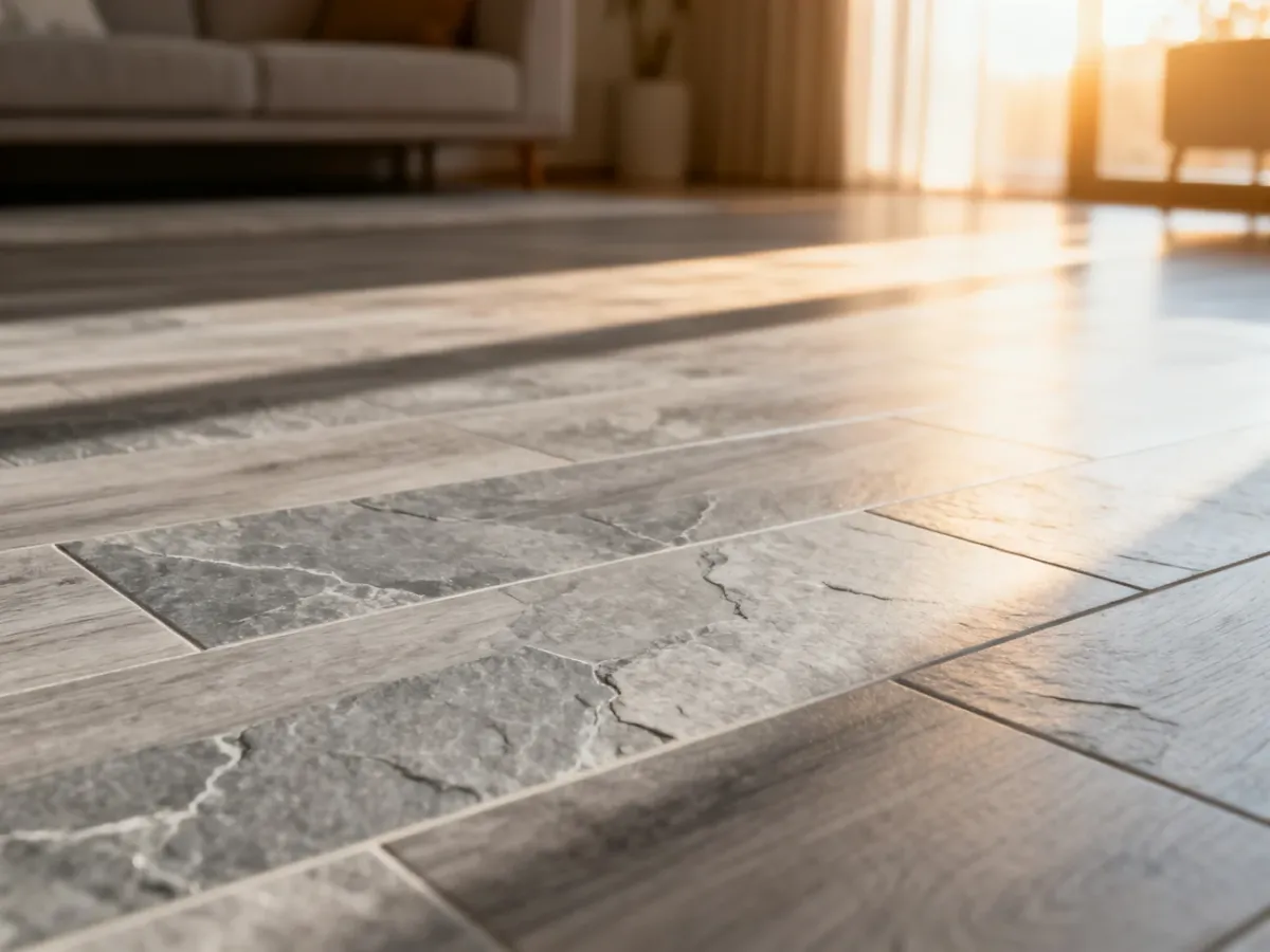 Panele laminowane imitujące szare płytki kamienne w słonecznym, minimalistycznym salonie.