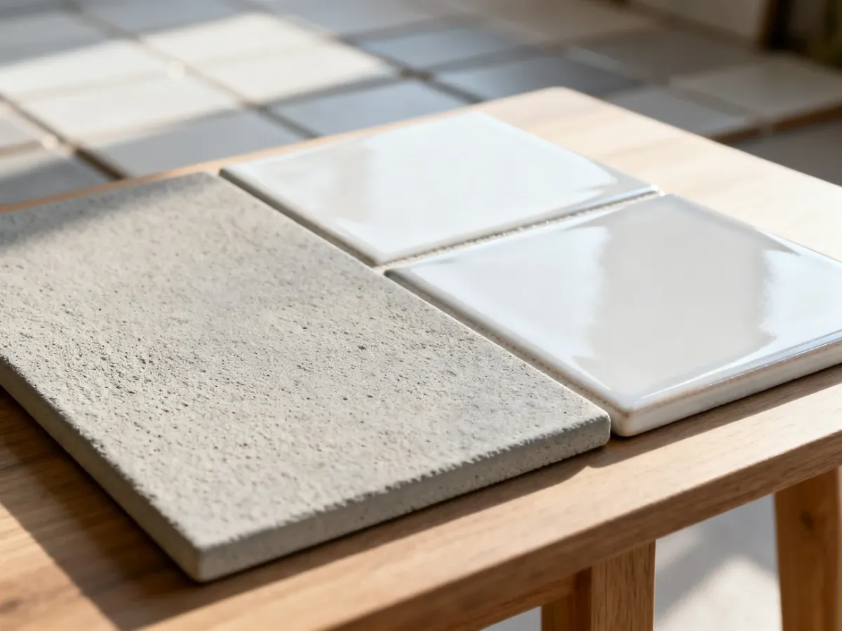 Porównanie faktur fugi cementowej o matowym wykończeniu oraz gładkiej fugi ceramicznej na drewnianym stole.