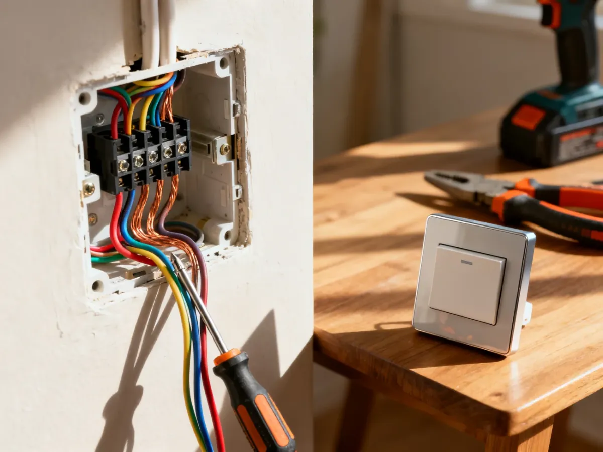 Otwarta puszka elektryczna z kolorowymi przewodami, śrubokrętem i włącznikiem światła przygotowanym do montażu.