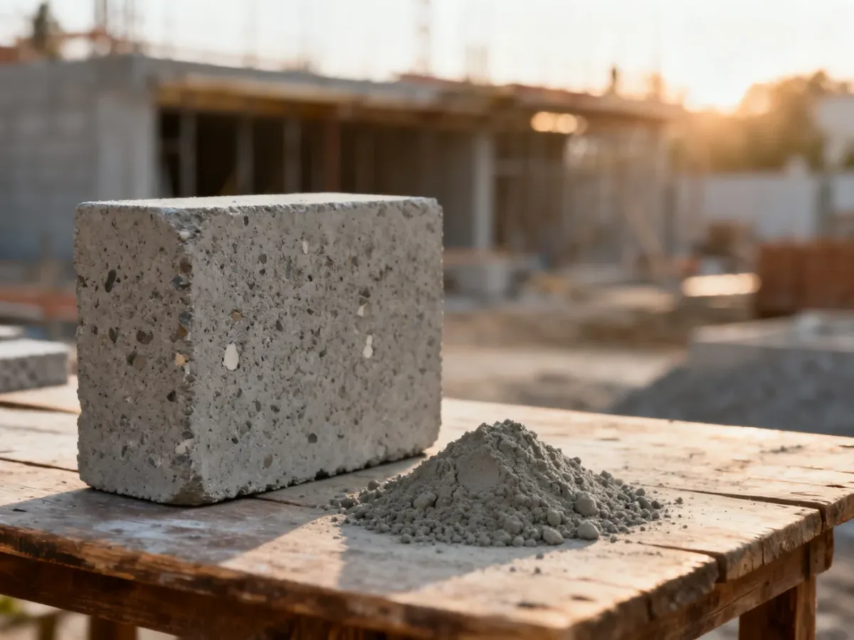 Porównanie sypkiego cementu oraz gotowego bloku betonowego na drewnianym stole. Ilustracja różnic między tymi materiałami.