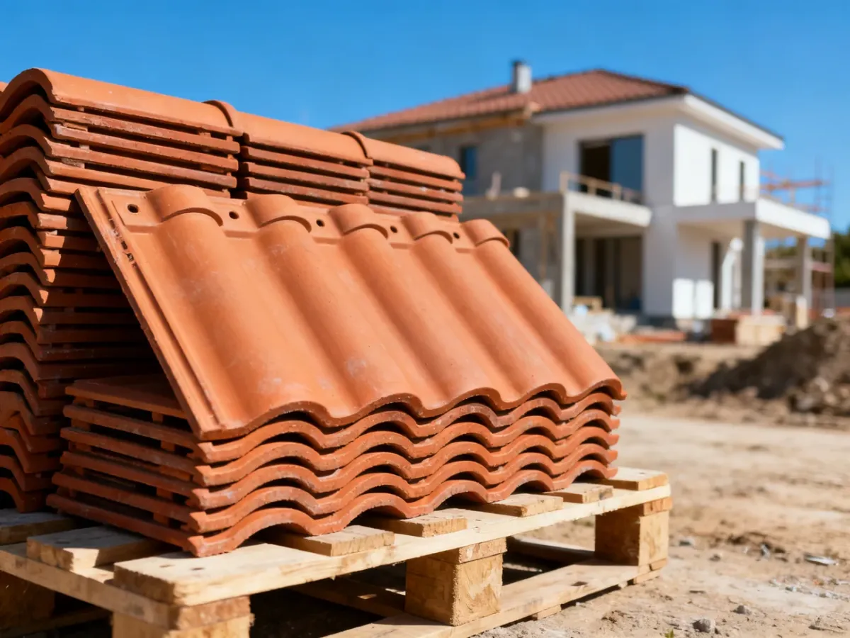 Stos ceramicznych dachówek w kolorze terakoty na placu budowy nowoczesnego domu.