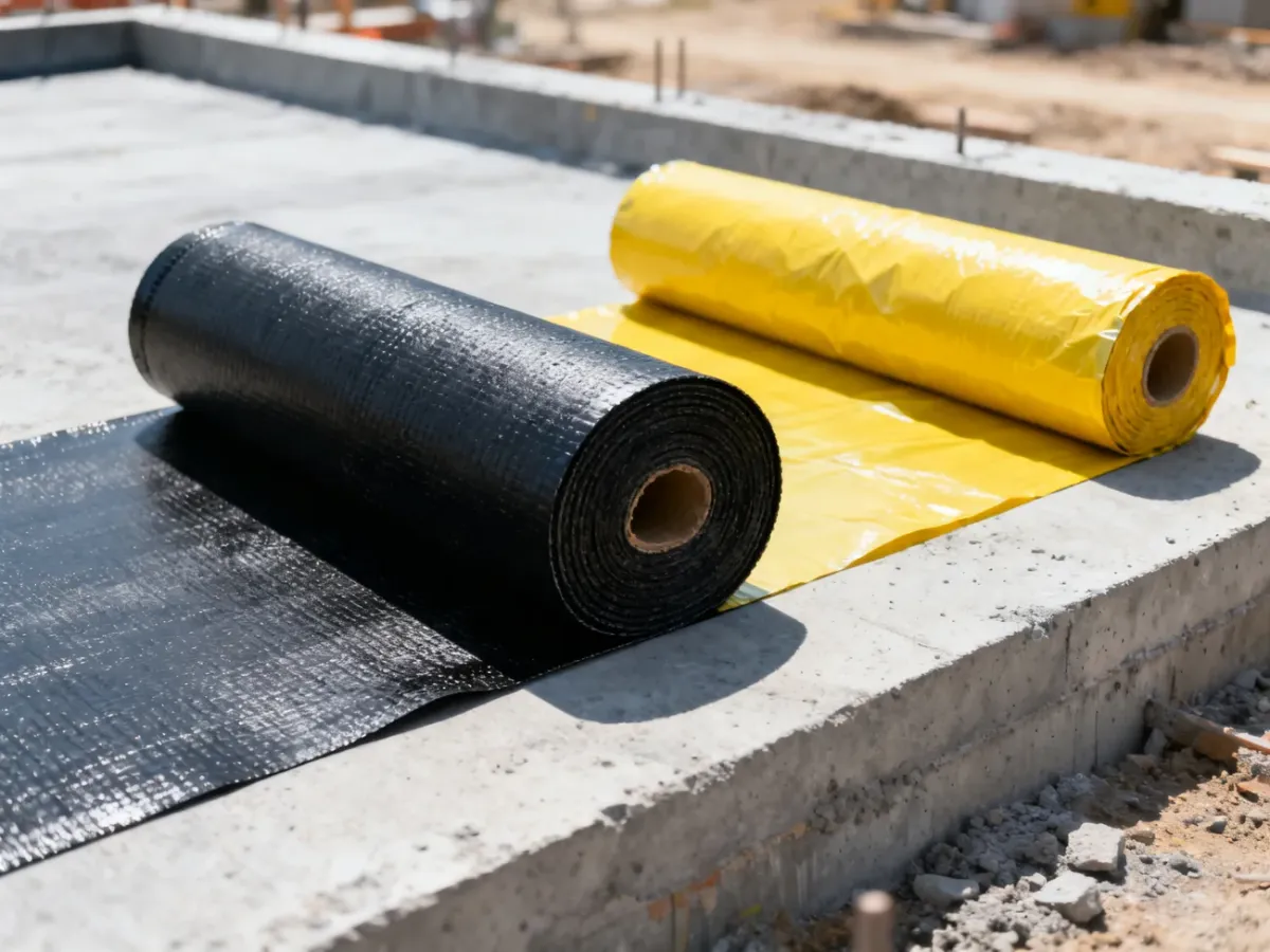 Rolka czarnej papy i żółtej folii budowlanej na betonowym fundamencie, prezentujące materiały do izolacji przeciwwilgociowej.