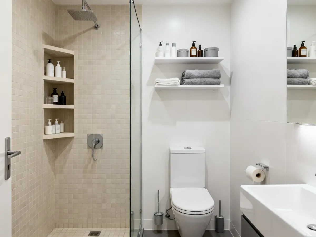Mała łazienka z funkcjonalnymi półkami we wnęce i nad WC