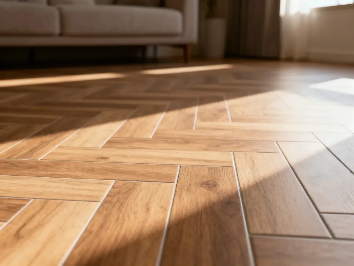 Płytki ceramiczne imitujące drewno ułożone w jodełkę na podłodze w minimalistycznym salonie.