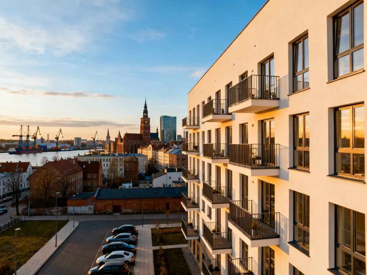 Nowoczesny budynek mieszkalny w Gdańsku o zachodzie słońca, na tle panoramy miasta i stoczni. no text on the picture
