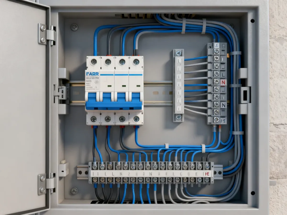 Rozdzielnica elektryczna z wyłącznikiem RCD i oddzielnymi listwami N oraz PE