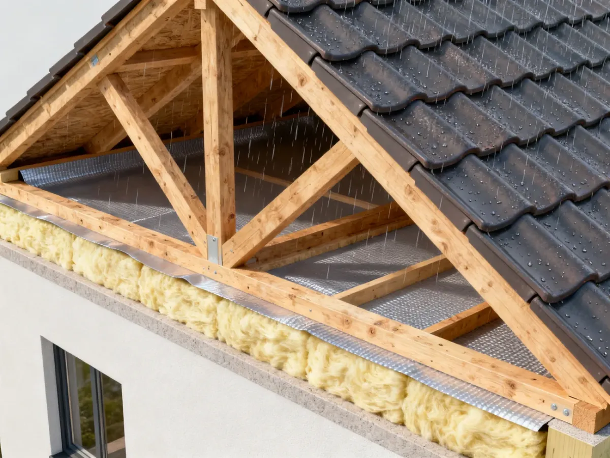 Przekrój dachu z membraną chroniącą suchą wełnę mineralną i drewnianą konstrukcję