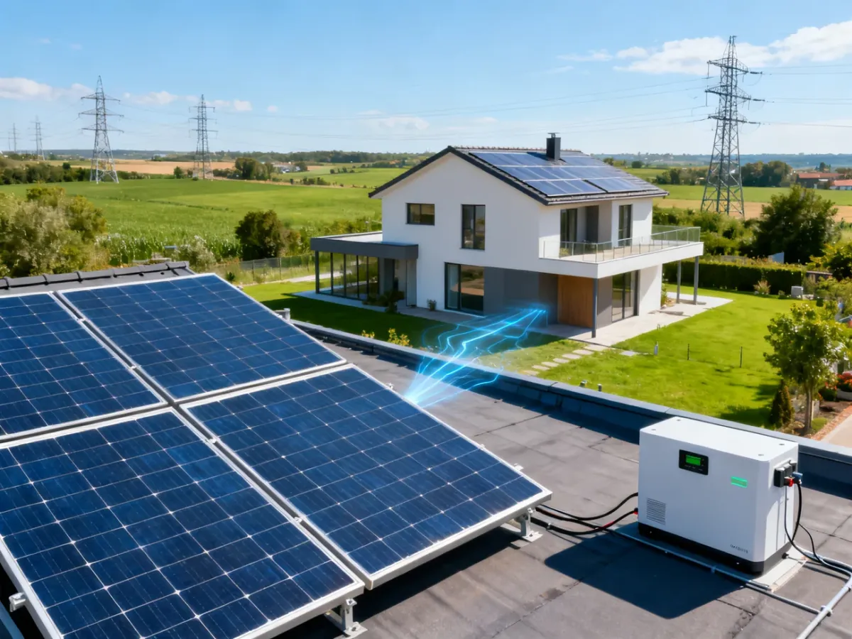 Instalacja fotowoltaiczna na dachu domu z przepływem energii do budynku i sieci