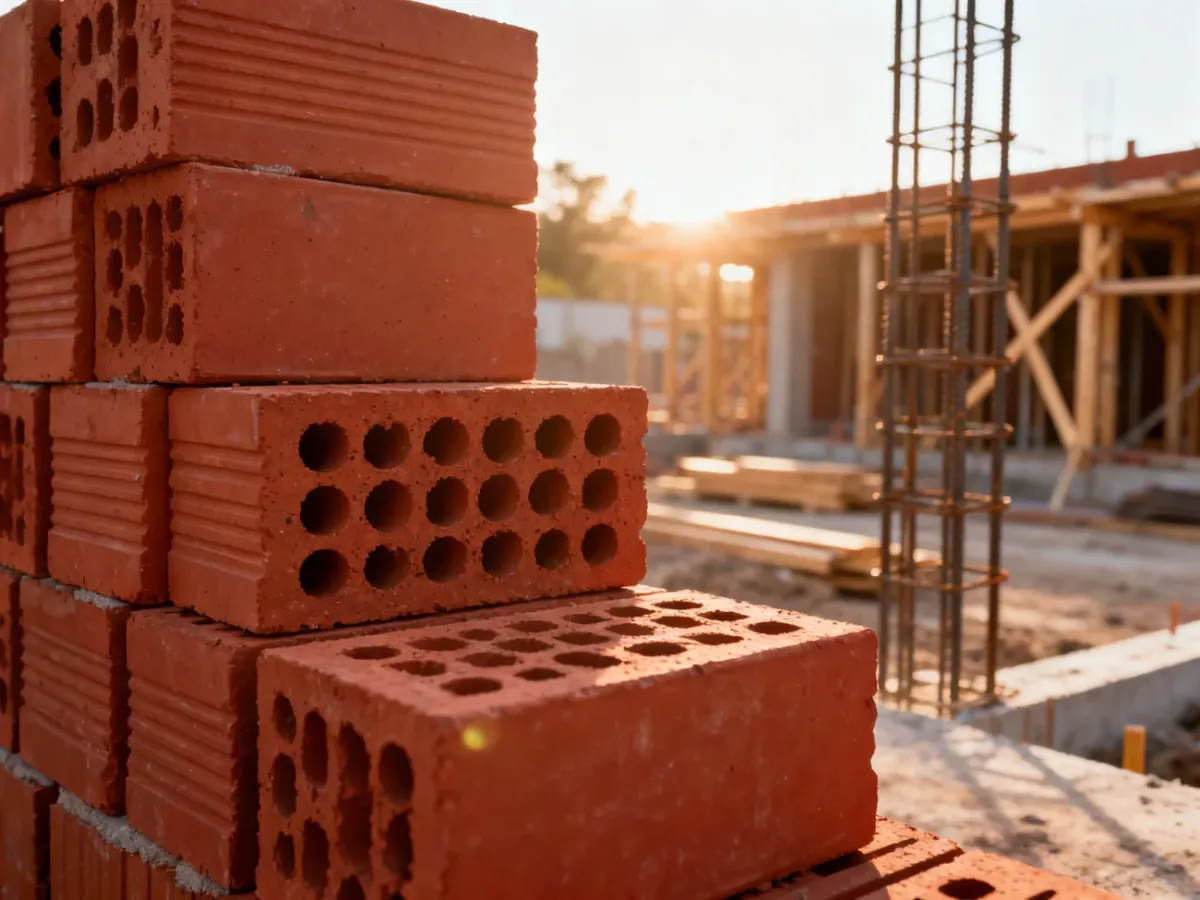 Czerwone pustaki ceramiczne z widocznymi otworami ułożone na placu budowy w świetle poranka.