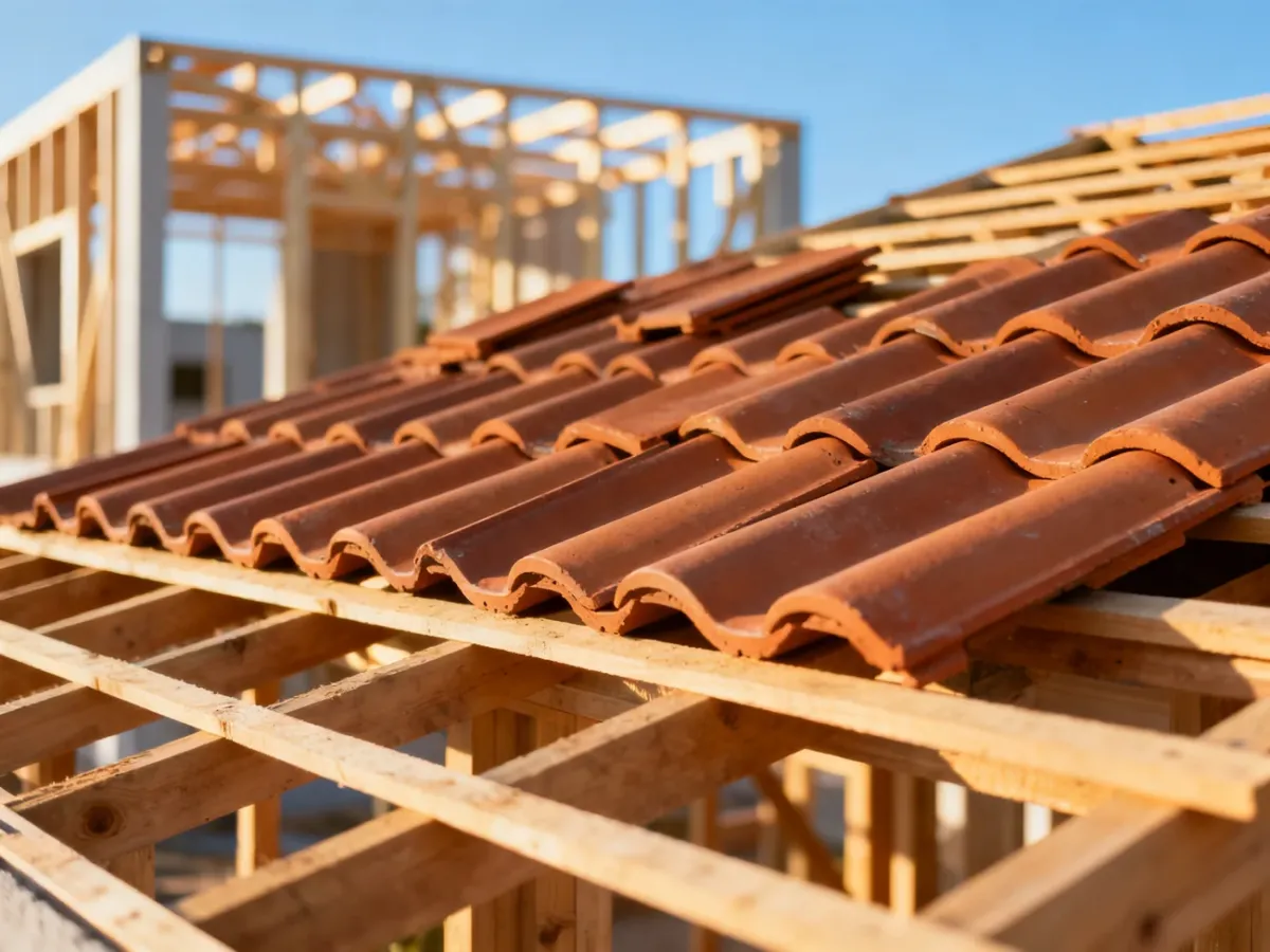 Wysokiej jakości dachówki ceramiczne w kolorze terakoty ułożone na drewnianej konstrukcji dachu nowoczesnego domu.