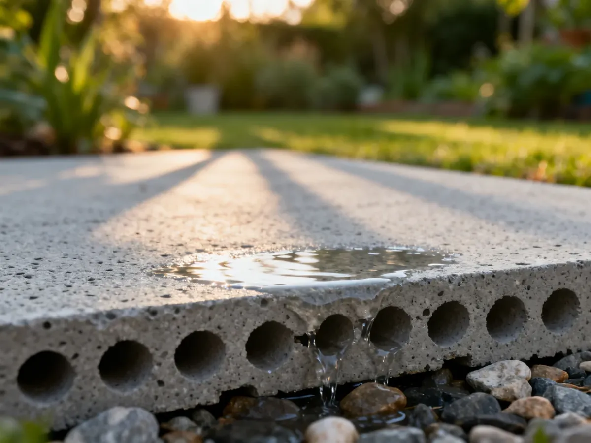 Zbliżenie na porowatą strukturę betonu drenażowego, przez którą swobodnie przenika woda w ogrodowym otoczeniu.