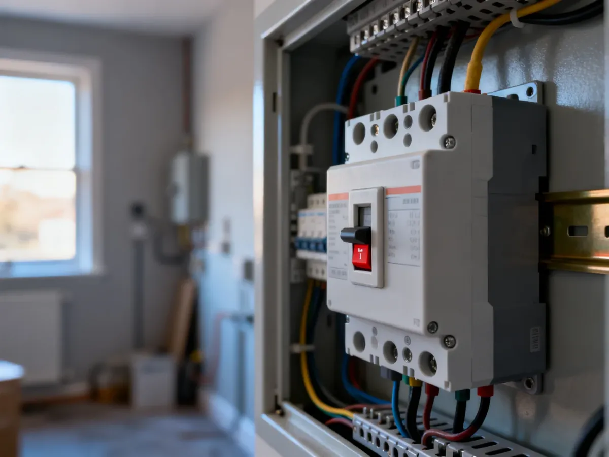 Nowoczesna rozdzielnica elektryczna z widocznym wyłącznikiem różnicowoprądowym zamontowanym na szynie DIN.