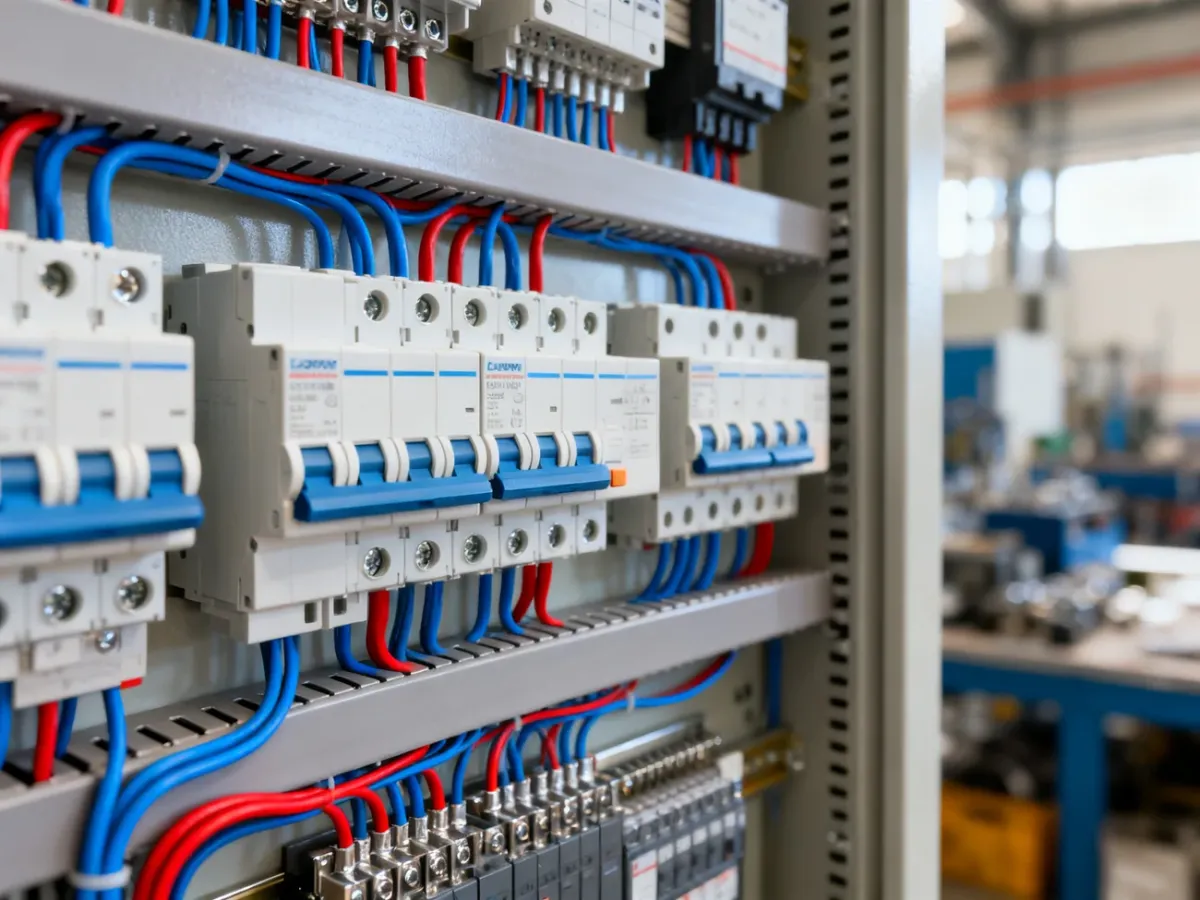 Nowoczesna rozdzielnica elektryczna z uporządkowanymi wyłącznikami i kolorowym okablowaniem w warsztacie technicznym.