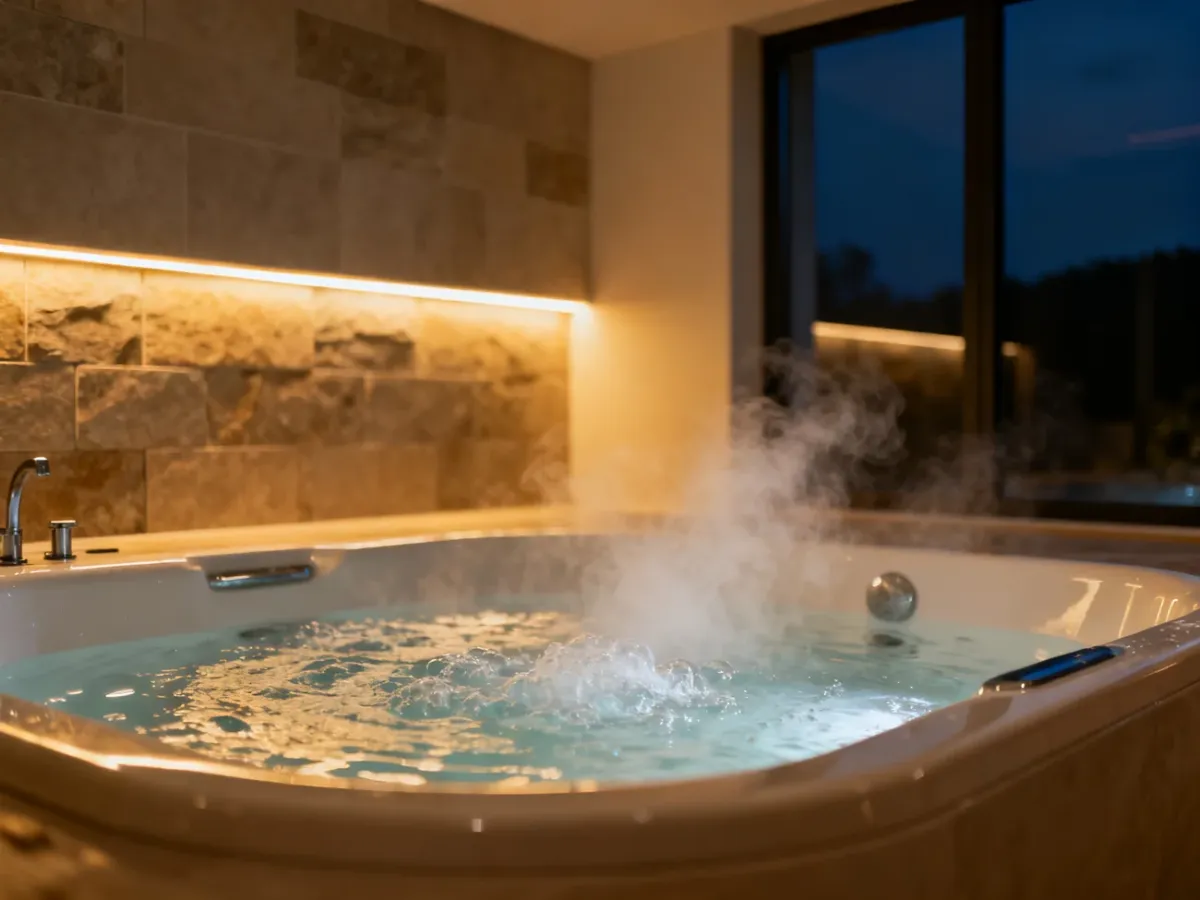 Luksusowa wanna z hydromasażem w nowoczesnej łazience z nastrojowym oświetleniem, tworząca relaksującą atmosferę domowego spa.