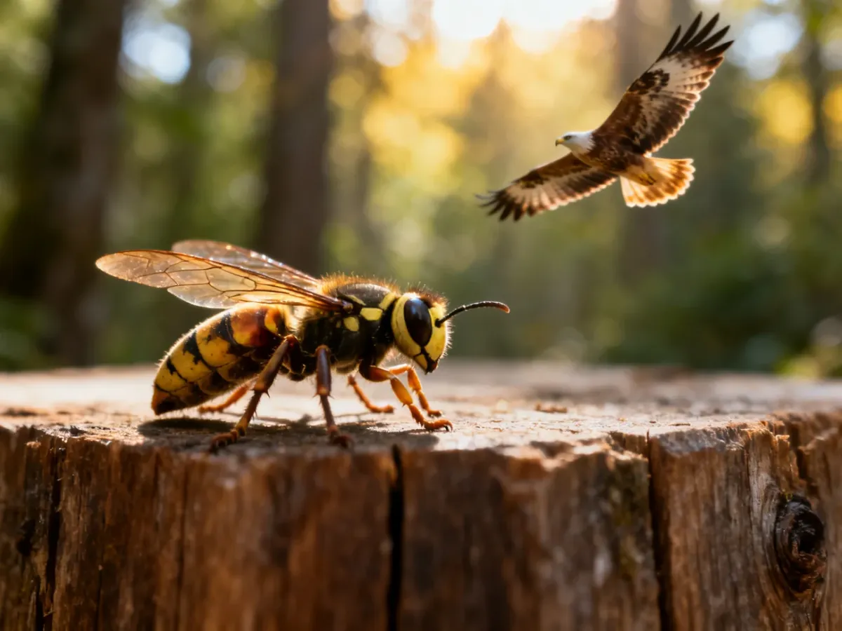 Szerszeń europejski na drewnianym tle, a w rozmytym tle szybujący trzmielojad – naturalny wróg tych owadów.