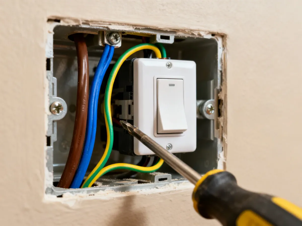 Elektryk podłącza przewody do pojedynczego włącznika światła w puszce