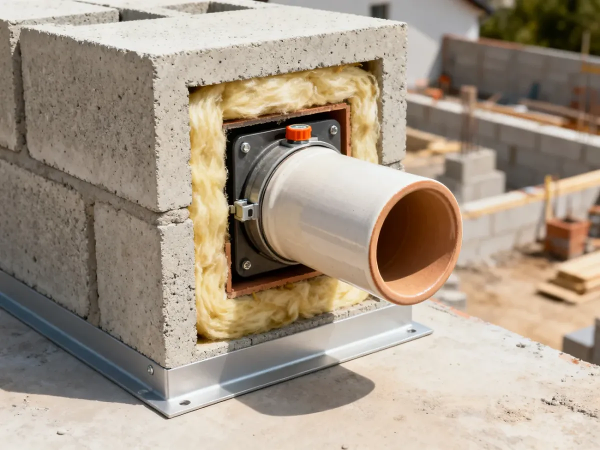 Przekrój ceramicznego komina systemowego z obudową, izolacją i wkładem